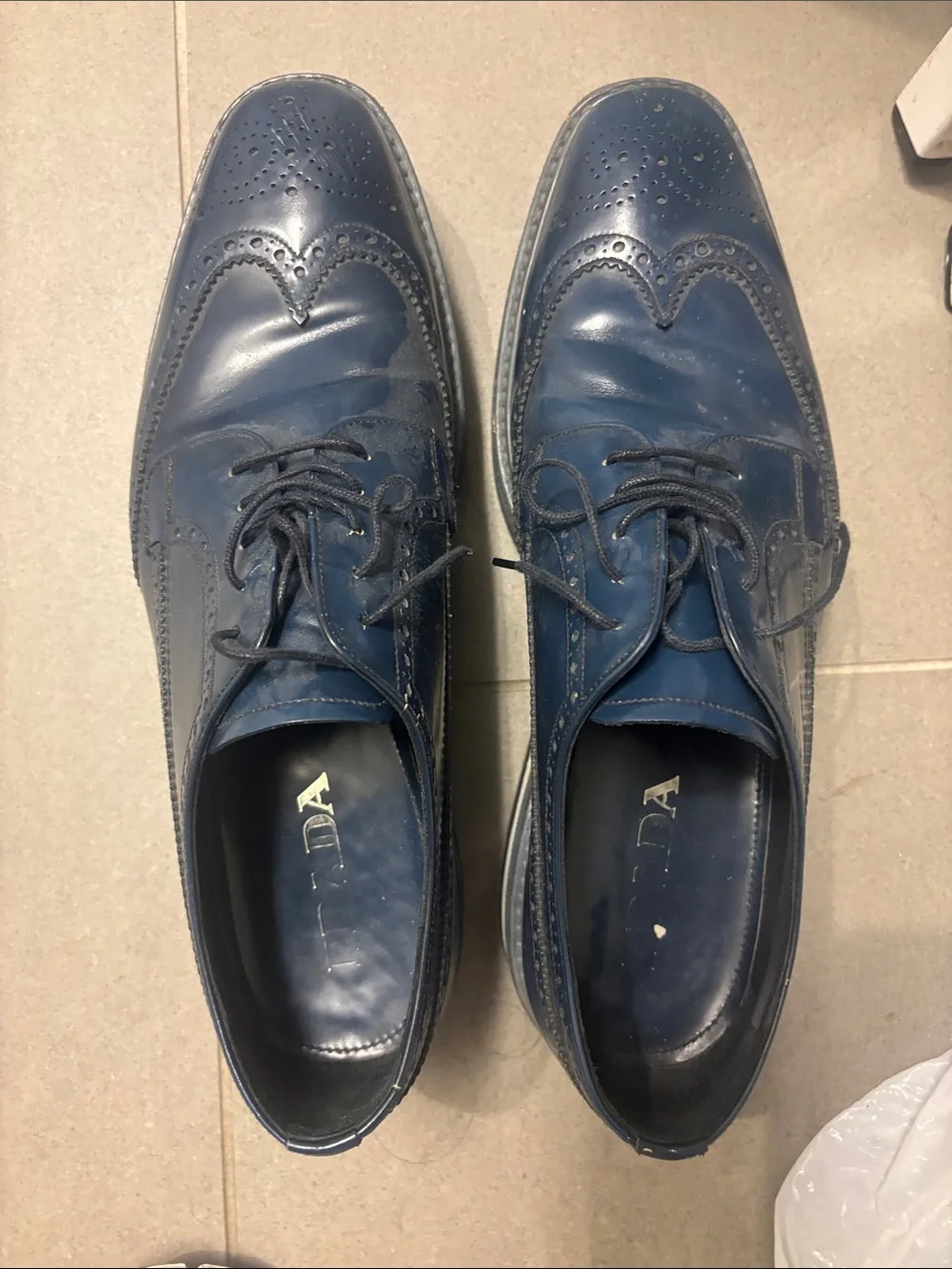 Prada Navy Leather Wingtip Derby Shoes